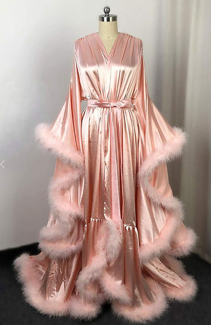 Silky Satin Feather Fringe Hem Long Robe (Victorian Style / Christmas Gift)