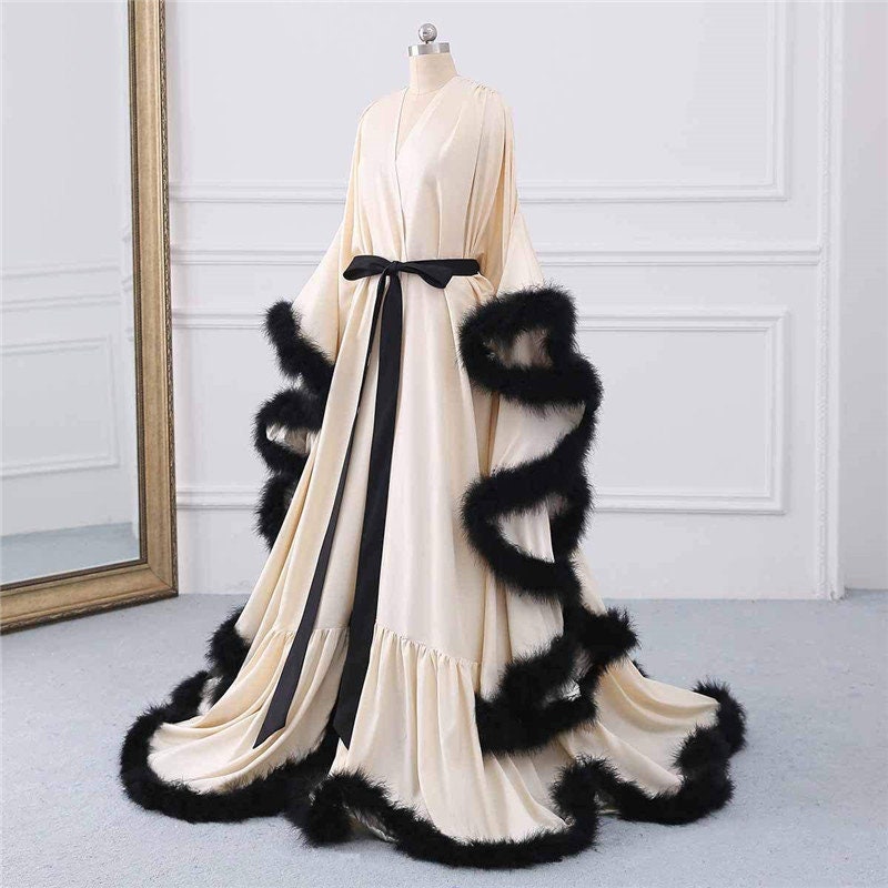 Silky Satin Feather Fringe Hem Long Robe (Victorian Style / Christmas Gift)