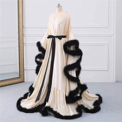 Silky Satin Feather Fringe Hem Long Robe (Victorian Style / Christmas Gift)