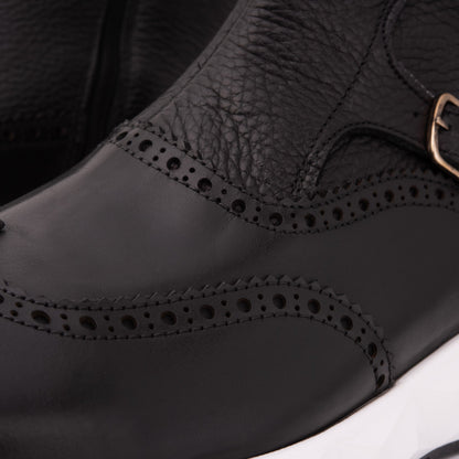 The Stealth Wingtip Buckle Black Leather Men Boot
