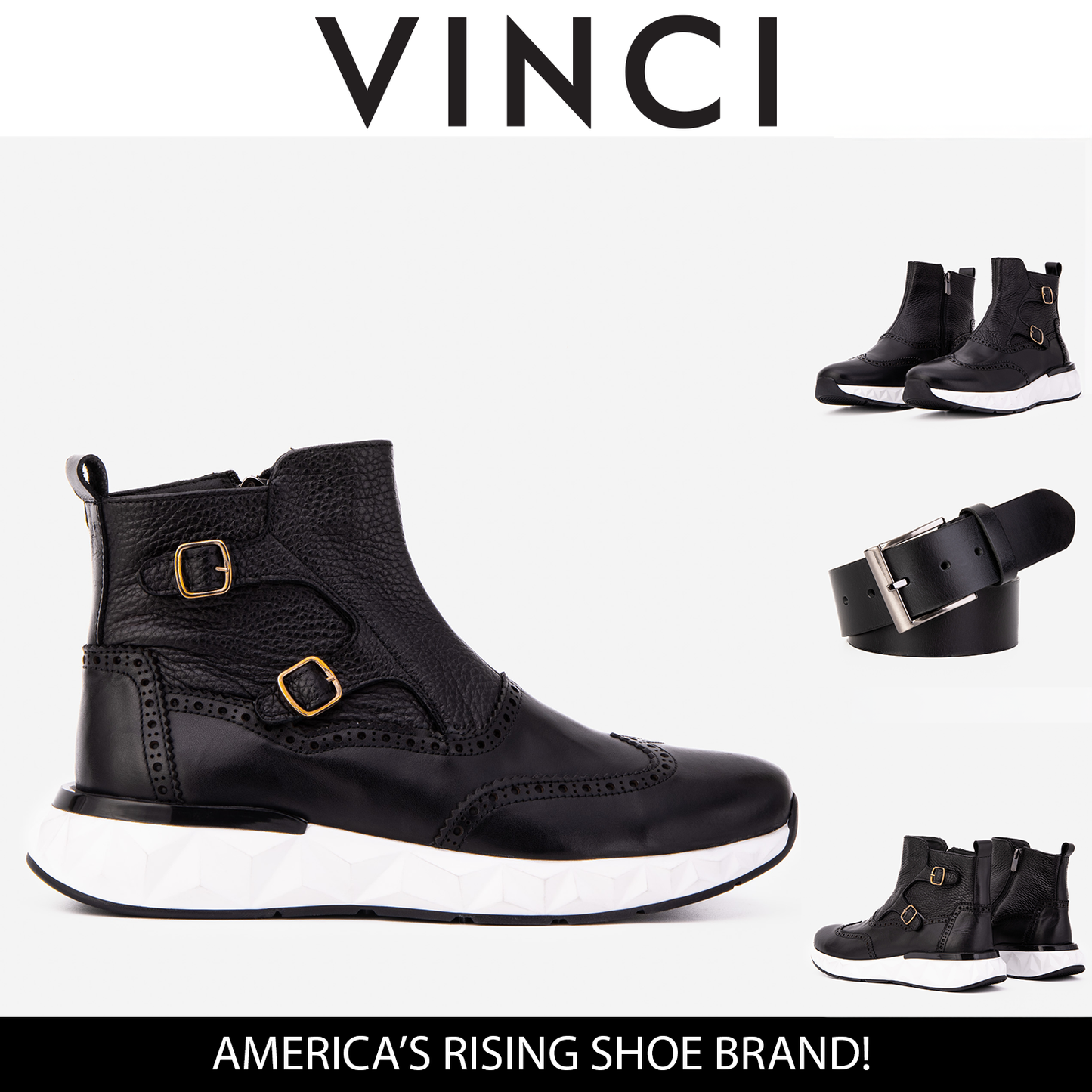 The Stealth Wingtip Buckle Black Leather Men Boot