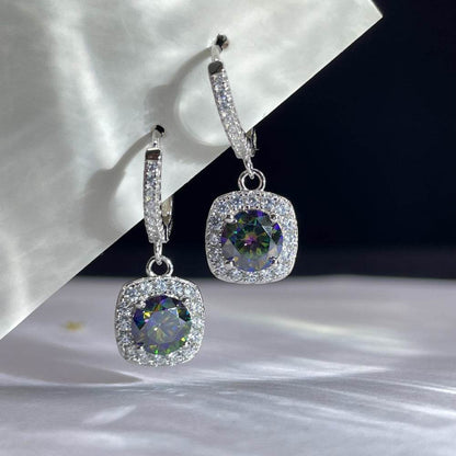 S925 Rainbow Green Moissanite Square Halo Earrings with Pavé-Set Halo & Hoop, 1ct D-Grade VVS1 Round Moissanite with GAR certification, Sterling Silver Earrings