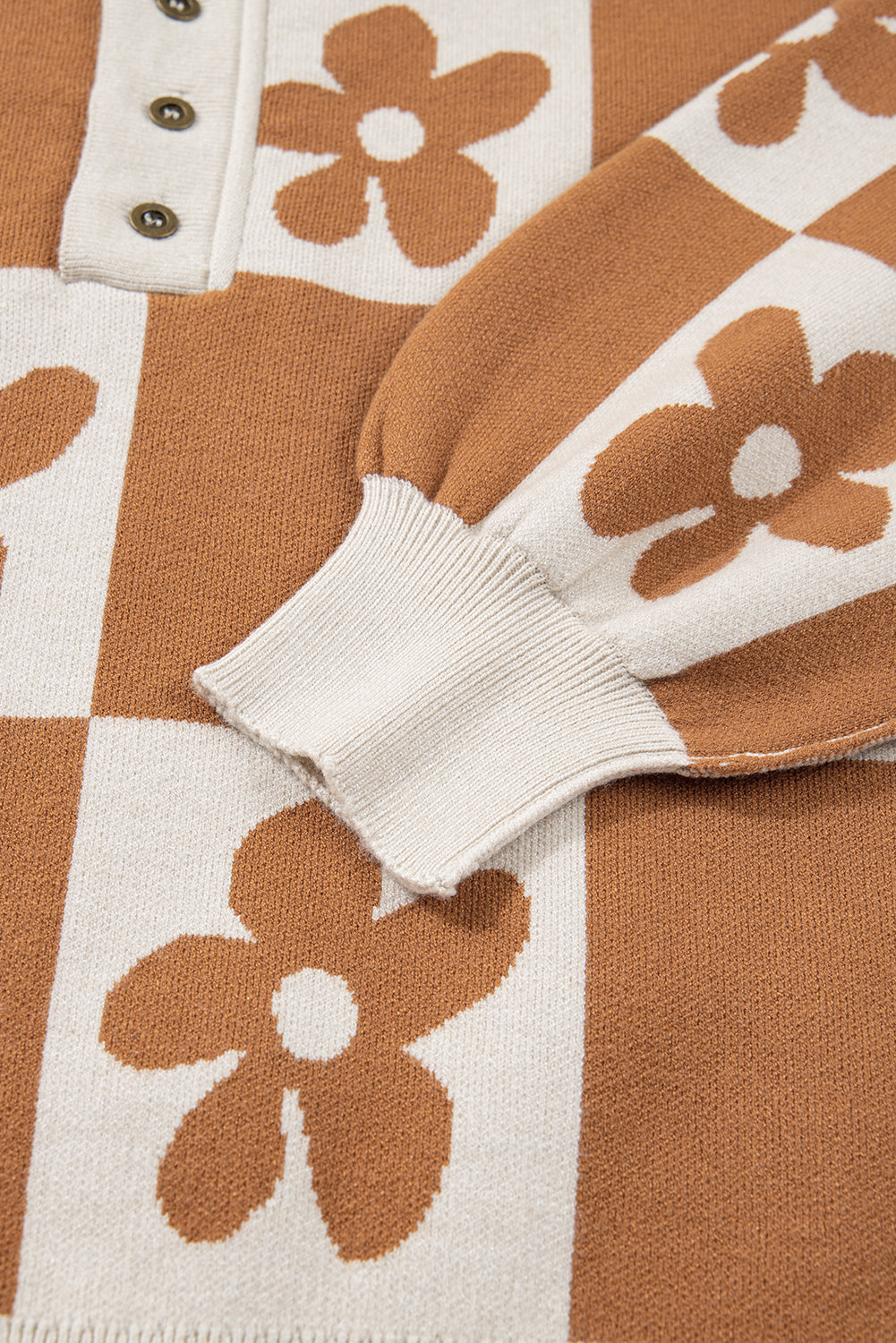 Black Flower Plaid Henley Baggy Sweater