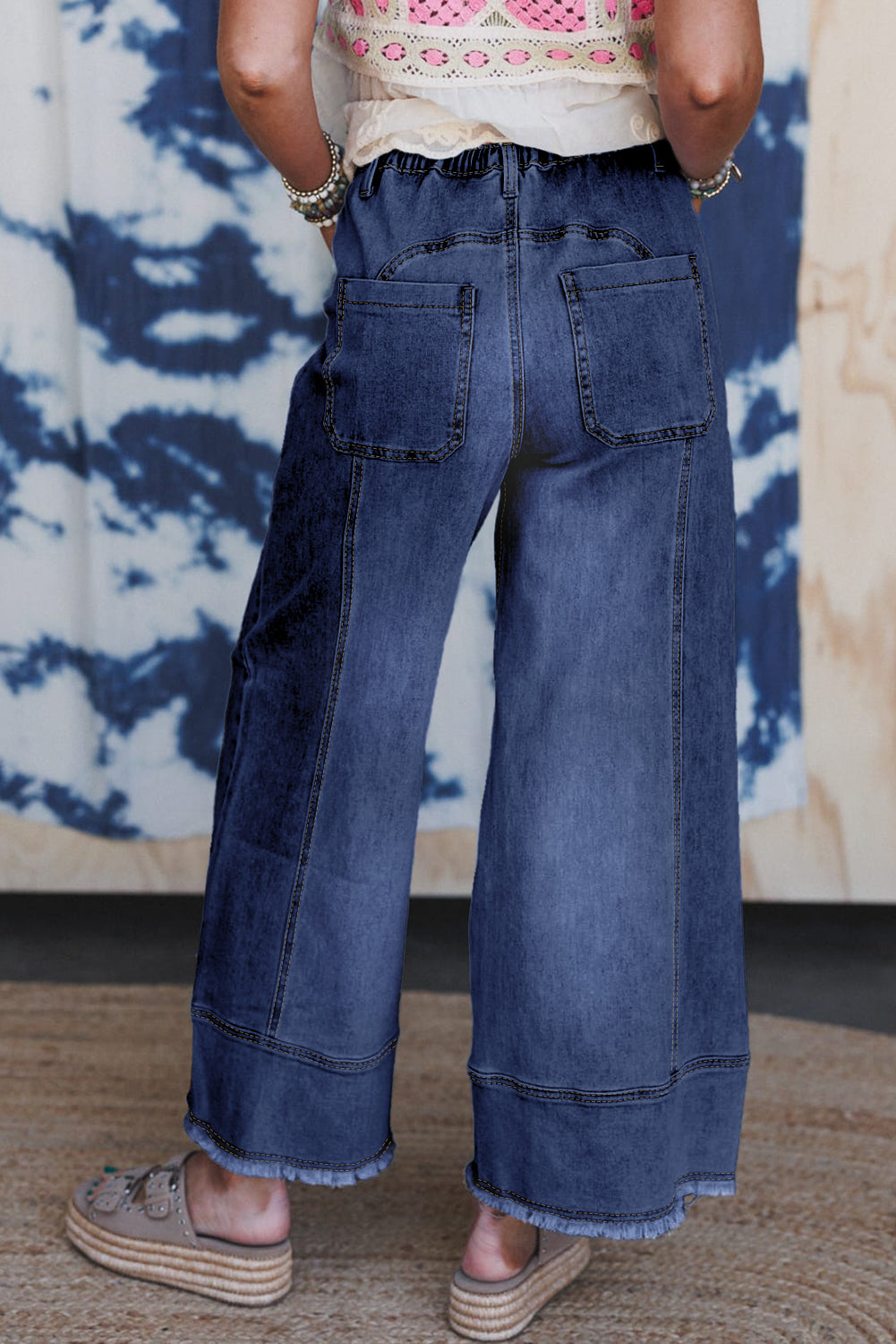 Beau Blue Drawstring Seam Detail Raw Hem Wide Leg Jeans