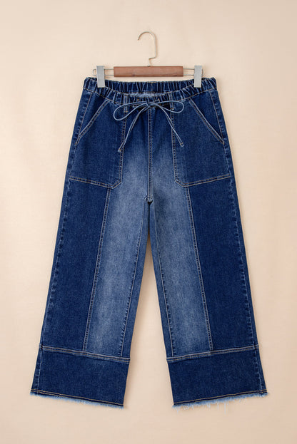 Beau Blue Drawstring Seam Detail Raw Hem Wide Leg Jeans