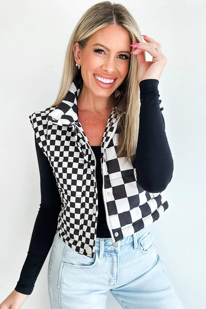 Black Double Checked Stand Collar Cropped Puffer Vest
