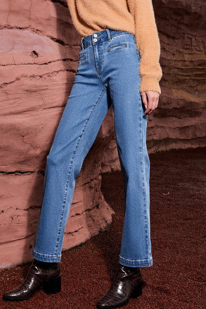 Light Blue Double Button High Rise Straight Leg Jeans