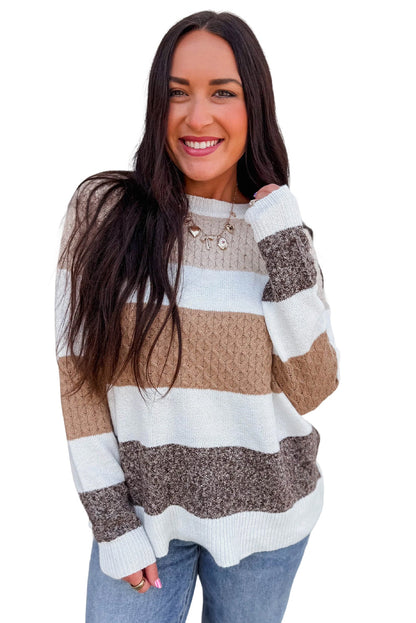Brown Mixed Texture Knit Striped Colorblock Loose Sweater