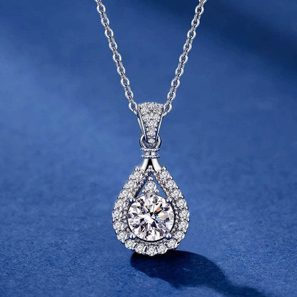 S925 Moissanite Teardrop Halo Pendant Necklace with Pavé Top Frame, 1-5ct VVS1 D-Grade Certified, Sterling Silver Pear Shape Pendant for Her