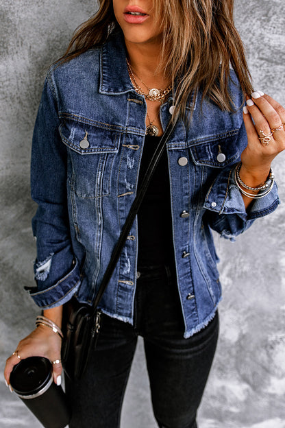 Black Lapel Distressed Raw Hem Buttons Denim Jacket