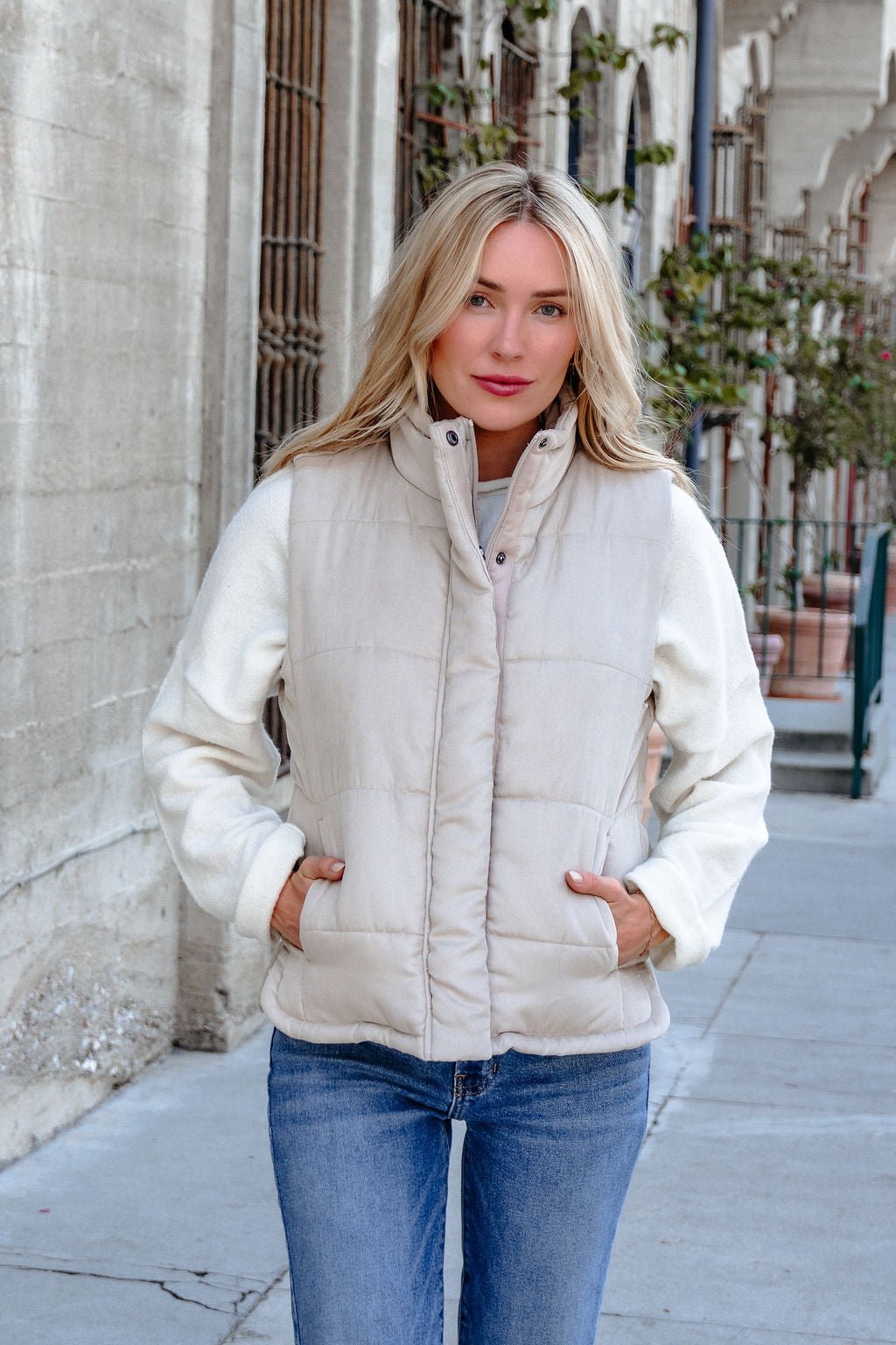 Beige Button Up Puffer Vest - FINAL SALE