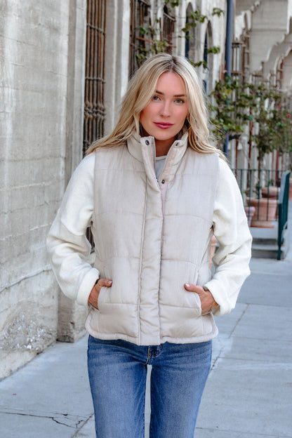 Beige Button Up Puffer Vest - FINAL SALE