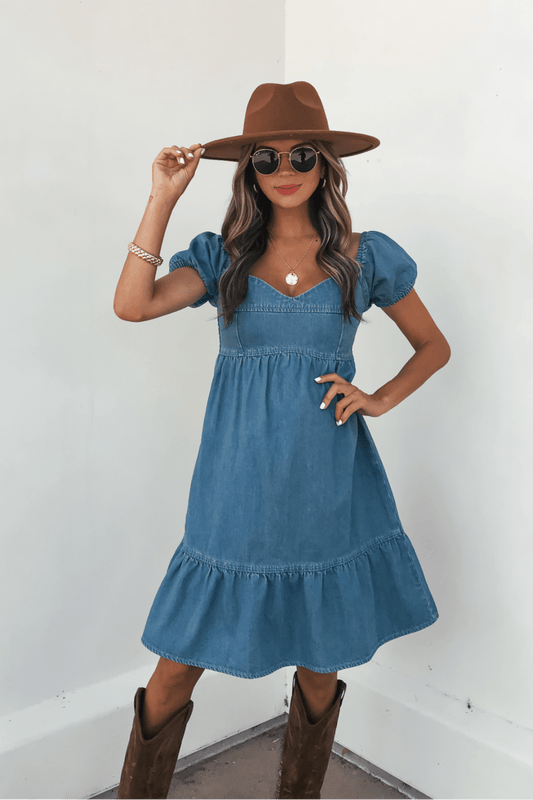 Blue Denim Tiered Mini Dress - FINAL SALE