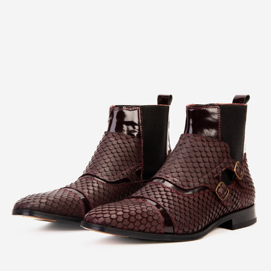 The Orion Burgundy Snakeskin Pattern Leather Double Monk Strap Men Boot