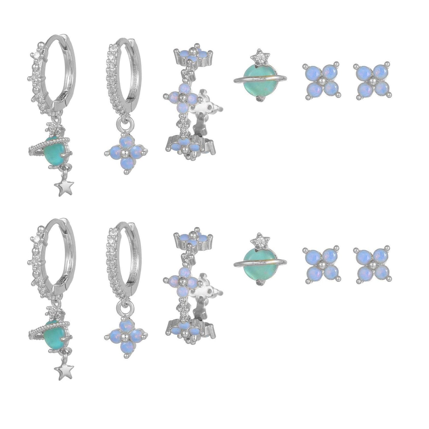 6 Pieces Blue Flower Pierced Earring Set with Zircon, 18k Gold Plated Ear Studs and Ear Drops, Women's Fashion Jewelry for Party Daily Stacked Lobe Earrings