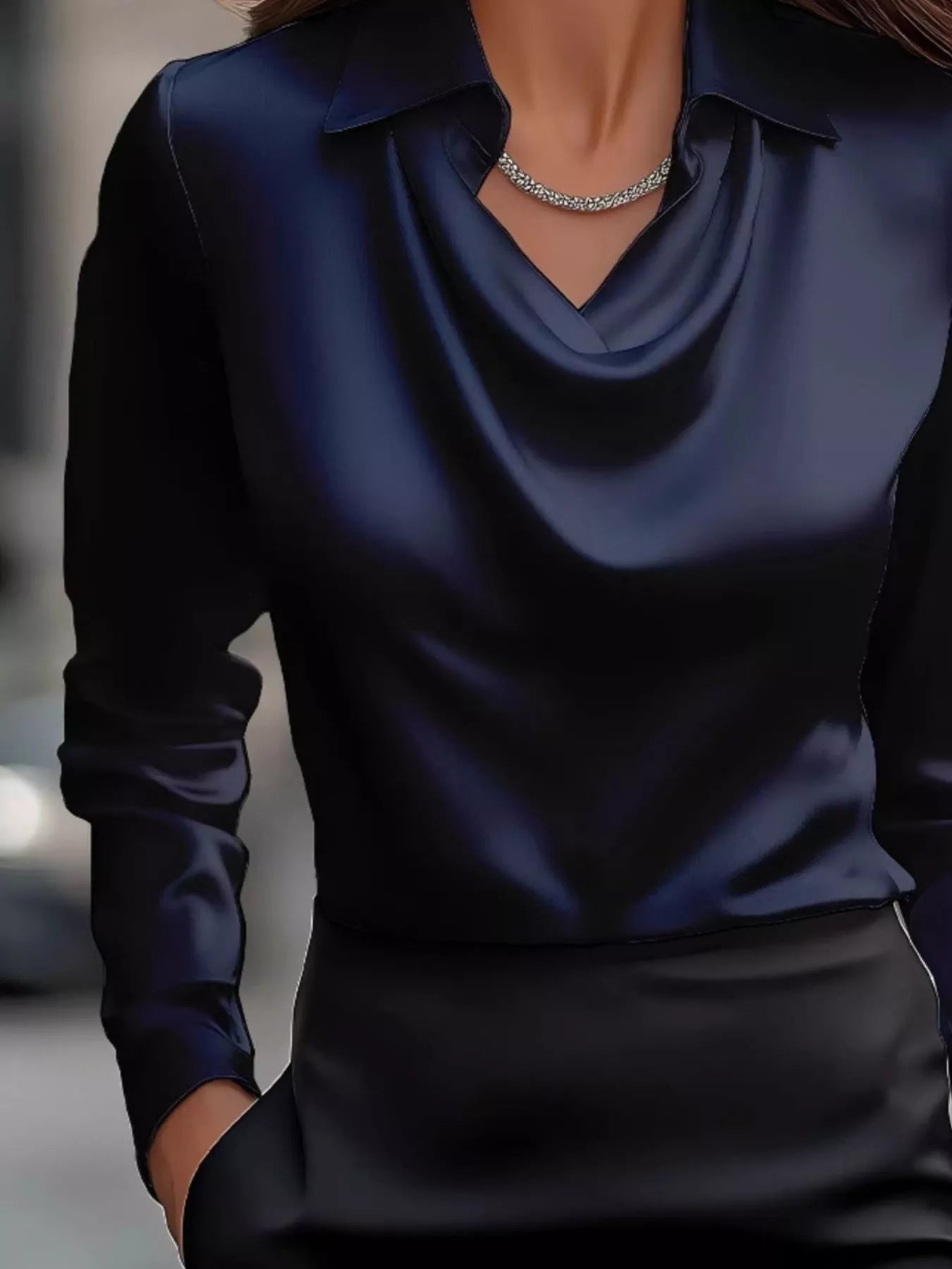 Full Size Satin Cowl Neck Long Sleeve Blouse Plus Size