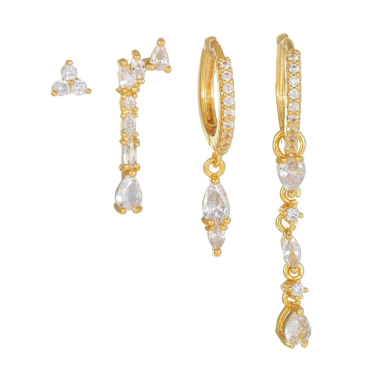 4 Pieces Teardrop Elegance Earring Set, 18k Gold Stud Drop Hoop, S925 Needle, Stacked Lobe Designs with Dazzling Zirconia