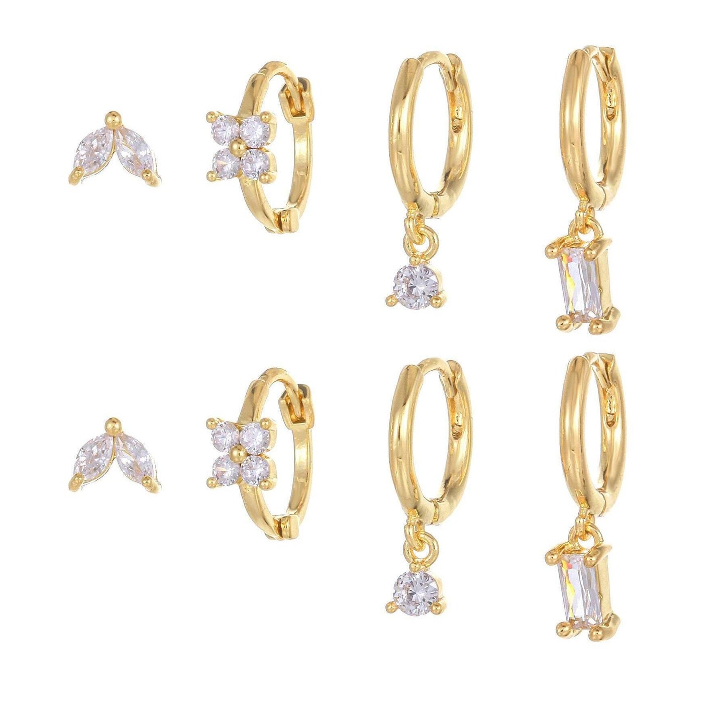 4 Pieces Geometric Zircon Stud Earring Set, 18k Gold Plated Ear Studs and Drops, Trendy Sweet Cool Earrings, S925 Needle, Stacked Lobe Designs with Dazzling Zirconia