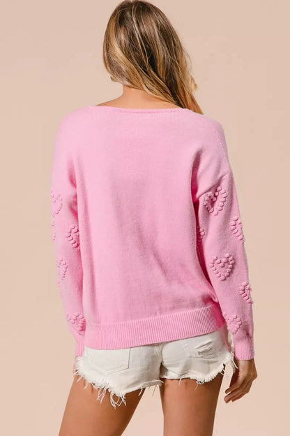 BiBi Valentines Heart Pompom V Neck Knit Top