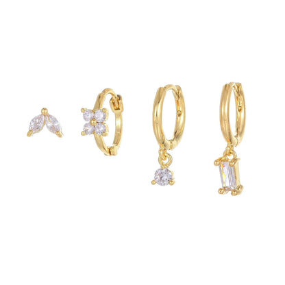 4 Pieces Geometric Zircon Stud Earring Set, 18k Gold Plated Ear Studs and Drops, Trendy Sweet Cool Earrings, S925 Needle, Stacked Lobe Designs with Dazzling Zirconia