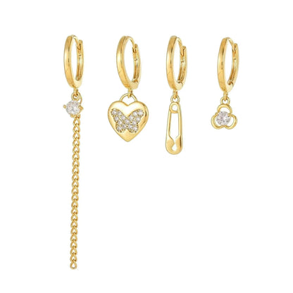 4 Pieces Whimsical Charm Links Earring Set, 18k Gold Hoop with Drops, S925 Needle, Stacked Lobe Designs with Dazzling Zirconia