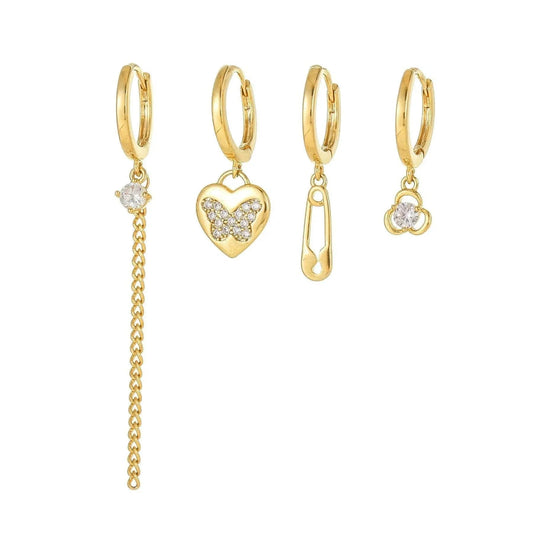 4 Pieces Whimsical Charm Links Earring Set, 18k Gold Hoop with Drops, S925 Needle, Stacked Lobe Designs with Dazzling Zirconia