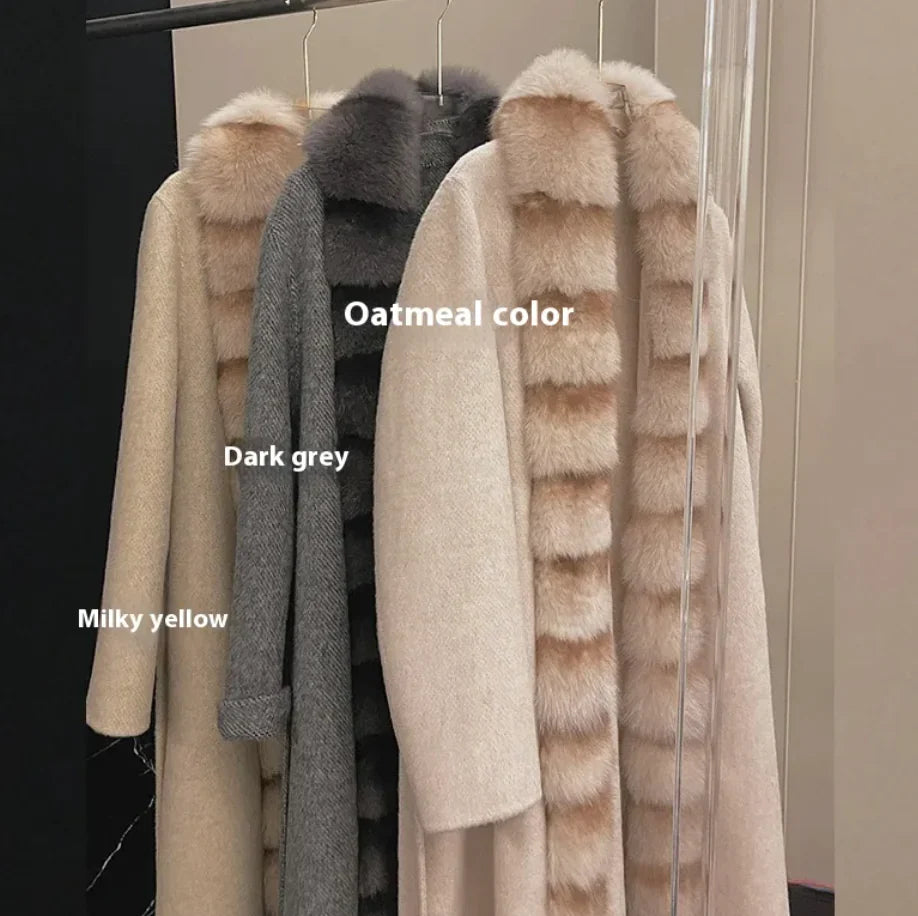 Alpaca Fleece Coat with Detachable Fox Fur Collar