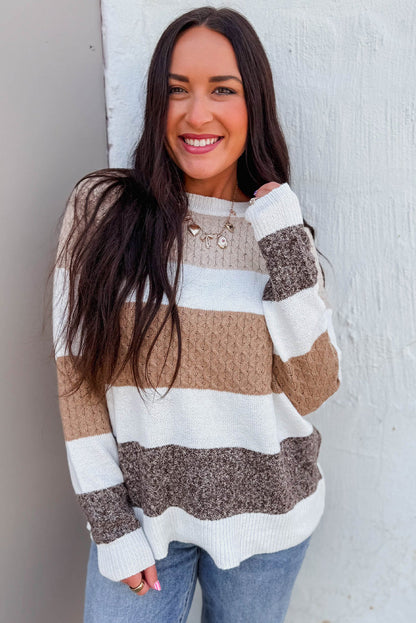 Brown Mixed Texture Knit Striped Colorblock Loose Sweater