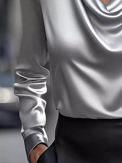 Full Size Satin Cowl Neck Long Sleeve Blouse Plus Size