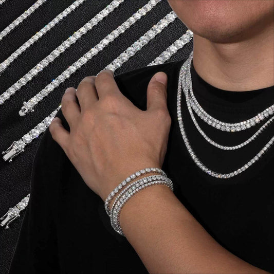 VVS1 Moissanite S925 & 14K Tennis Chain Iced Out Necklace and Bracelet, 6–26 Inch, 2–6.5mm Round Cut D-Grade Certified Moissanite, Sterling Silver White Gold Plated, Hypoallergenic Hip Hop Jewelry
