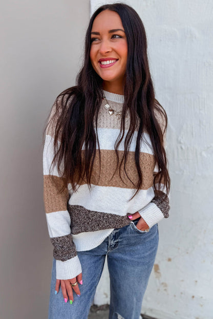 Brown Mixed Texture Knit Striped Colorblock Loose Sweater