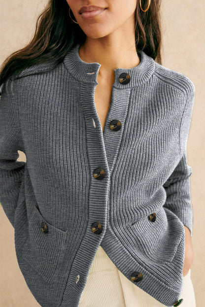 Medium Grey Chunky Buttoned Front Round Neck Cardigan Sweater