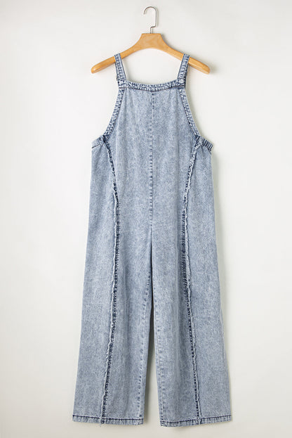 Denim Frayed Reverse Seam Wide Leg Overall
