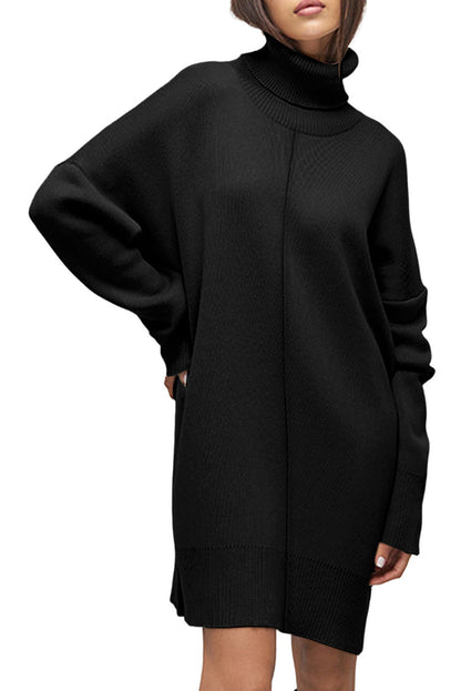 Black Solid Color Turtleneck Drop Shoulder Loose Sweater Dress