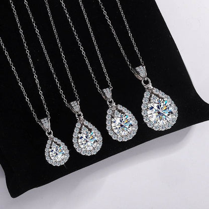 S925 High Carbon CZ Teardrop Halo Pendant Necklace with Pavé Top Frame, 6-11mm Cubic Zirconia, Sterling Silver Pear Shape Pendant for Her