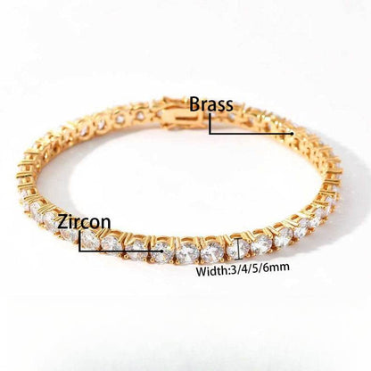 Hip Hop Iced Out Tennis Chain Bracelet, 18K Gold & White Gold Plated, 3–6mm CZ Iced Out Bling Jewelry