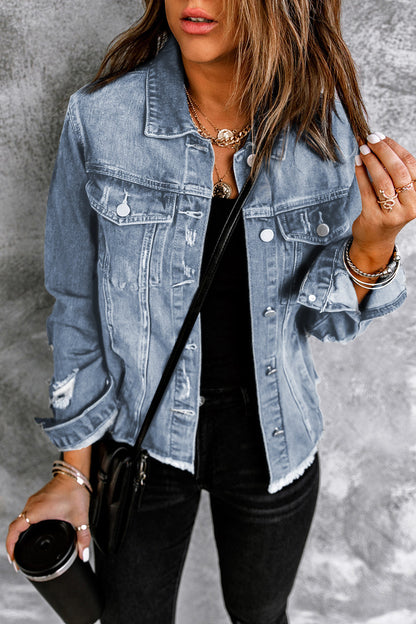 Black Lapel Distressed Raw Hem Buttons Denim Jacket
