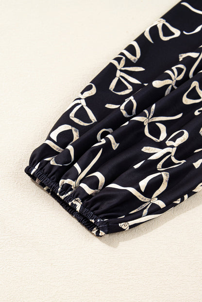 Black Bow Print Sleeve Patchwork Plus Size Blouse