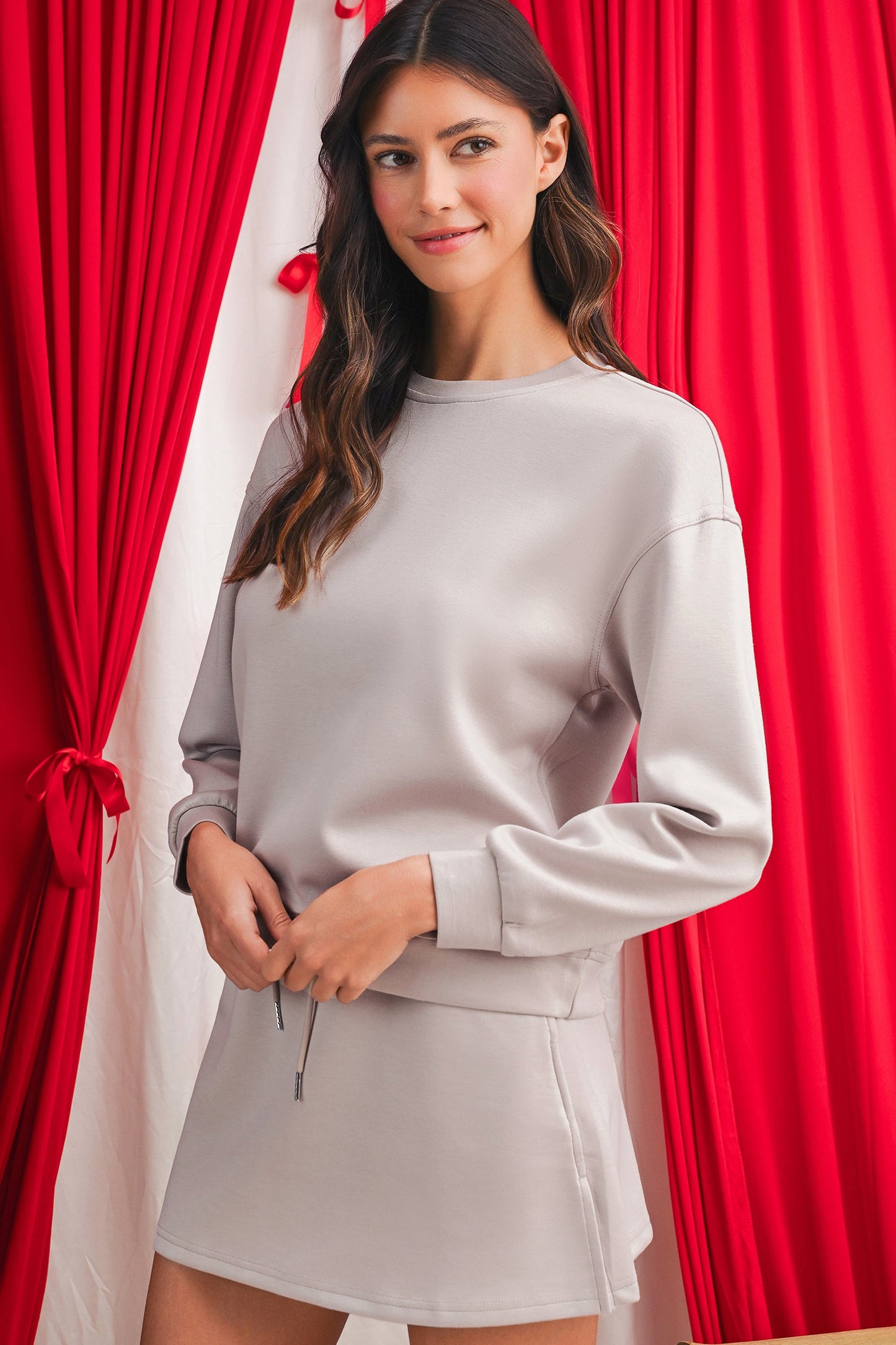 Coffee Solid Color Drop Shoulder Pullover Drawstring Mini Skirt Set