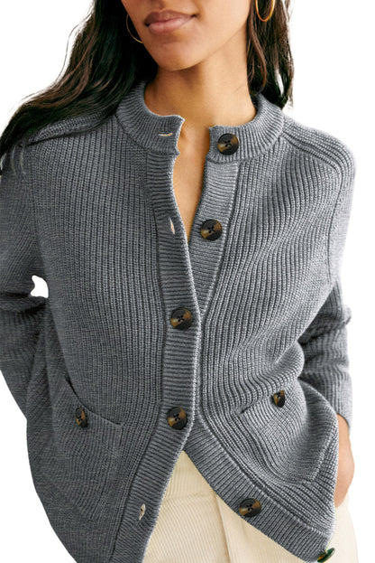 Medium Grey Chunky Buttoned Front Round Neck Cardigan Sweater