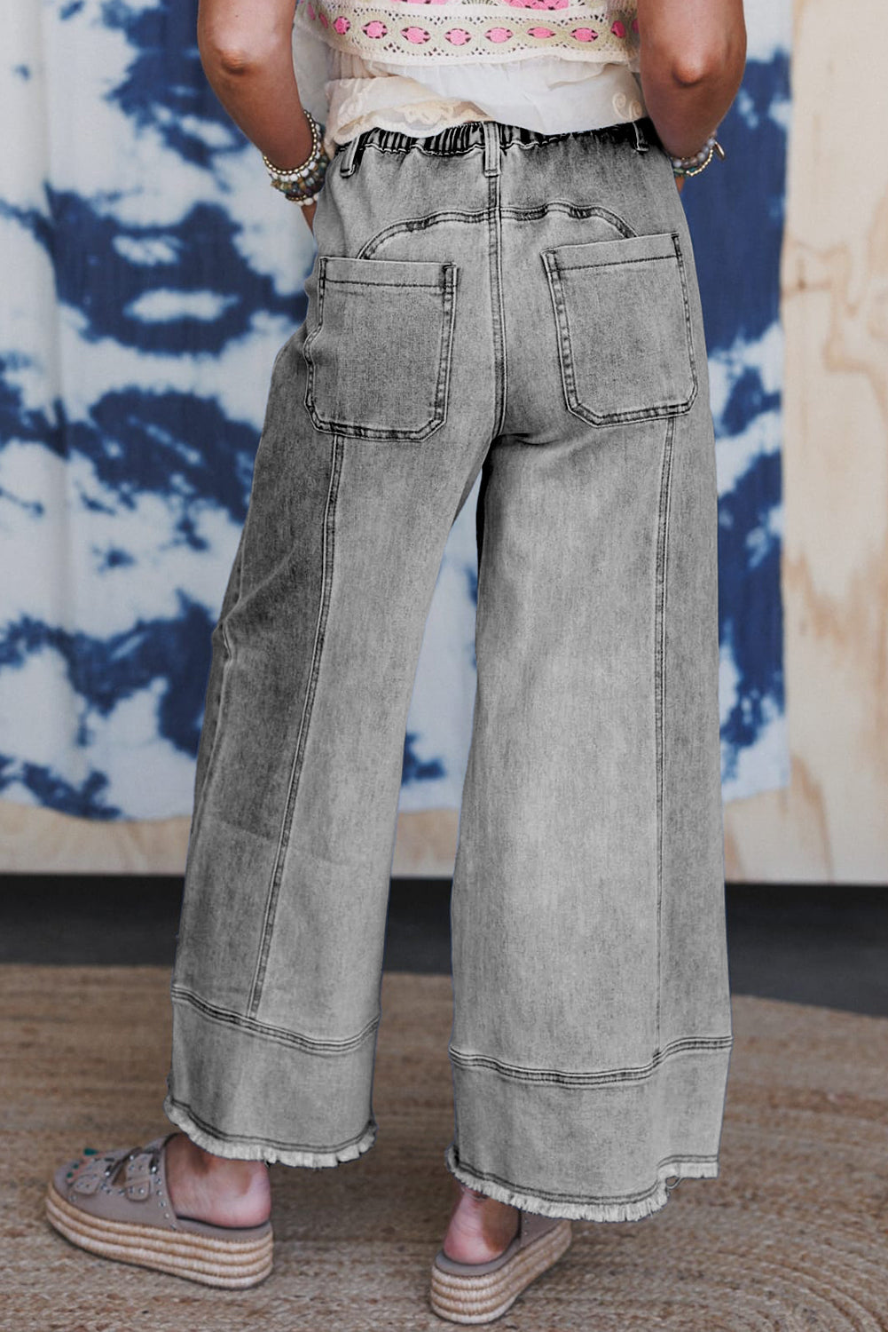 Beau Blue Drawstring Seam Detail Raw Hem Wide Leg Jeans