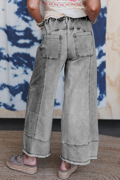 Beau Blue Drawstring Seam Detail Raw Hem Wide Leg Jeans