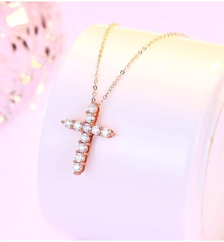 S925 Moissanite Cross Necklace, 3 Color Options, 11 Stones 0.1-0.5ct VVS, Dainty Luxe Clavicle Pendant, Sterling Silver Jewelry