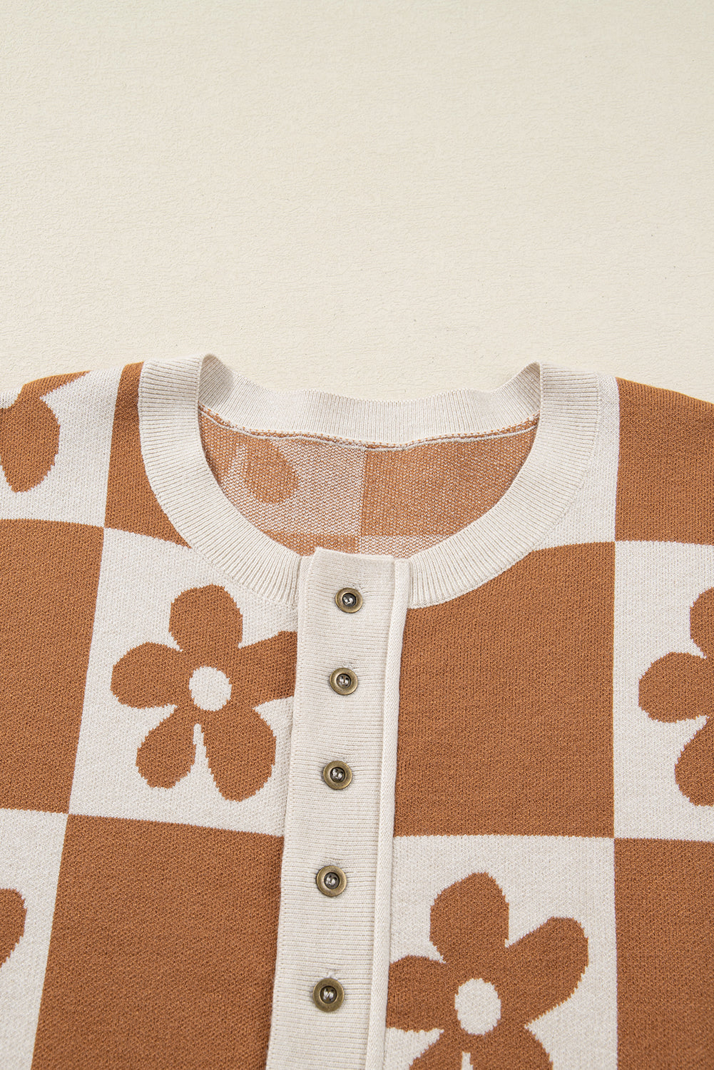 Black Flower Plaid Henley Baggy Sweater