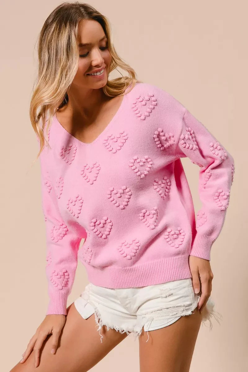 BiBi Valentines Heart Pompom V Neck Knit Top