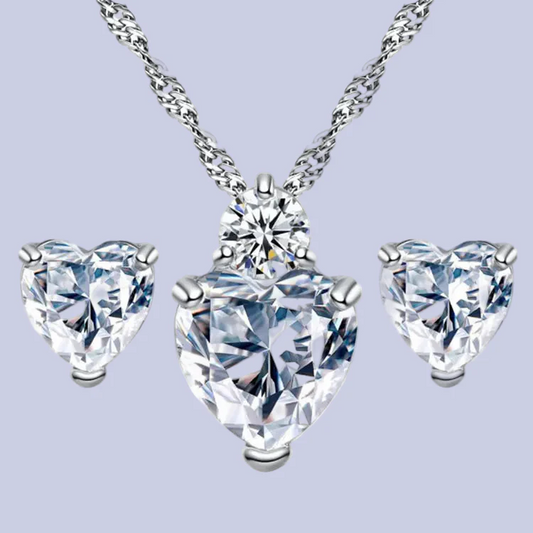 Heart-Shaped Zirconia Earrings and Necklace Set