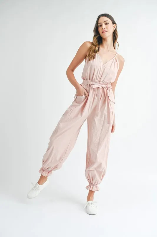 MABLE Washed Fabric Spaghetti Strap Waist Belted Jumpsuit