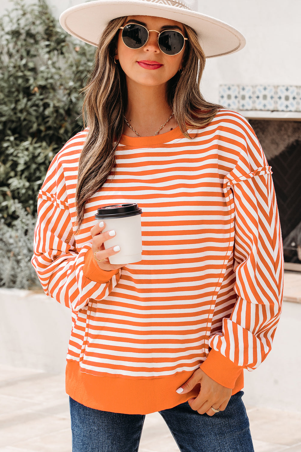 Black Stripe Exposed Seam Drop Shoulder Casual Pullover Top