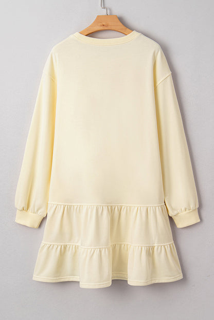 Beige Double Tiered Ruffle Hem Long Sleeve Loose Mini Dress