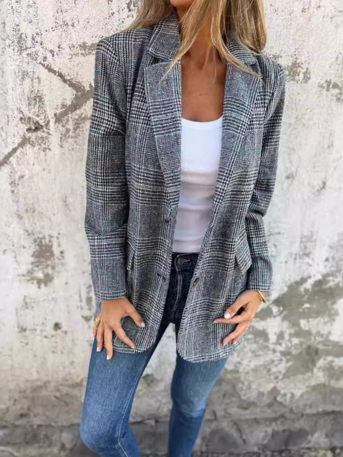 Full Size Plaid Single-Breasted Long Sleeve Blazer Plus Size